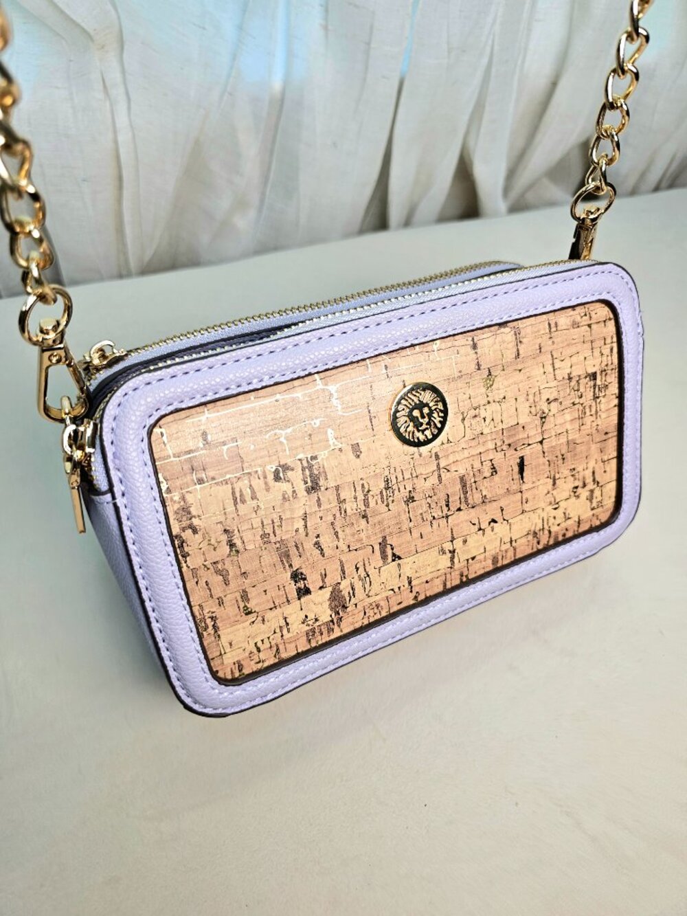Anne Klein Lavender Cork Double Zip Camera Crossbody Bag Gold Chain Strap - Picture 2 of 15